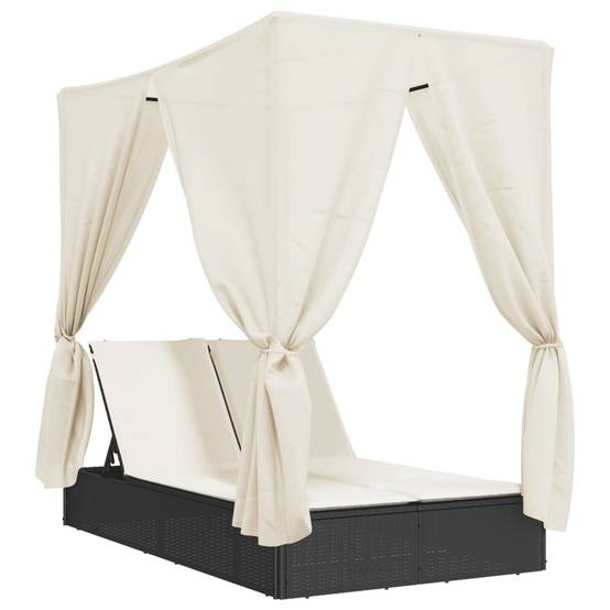 Chaise longue | Transat | Bain de soleil double avec toit et rideaux noir résine tressée - Image 1