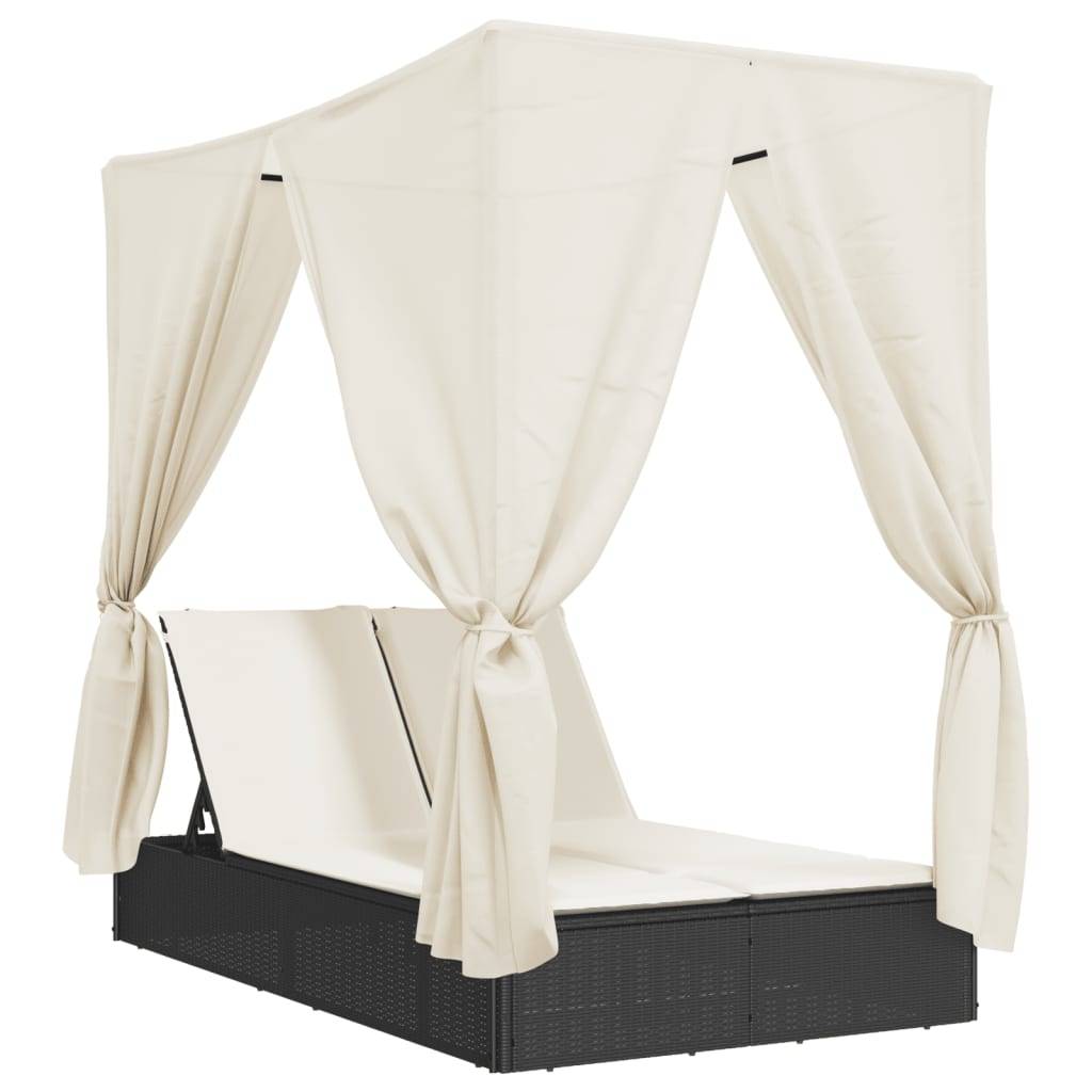 Chaise longue | Transat | Bain de soleil double avec toit et rideaux noir résine tressée - Image 1