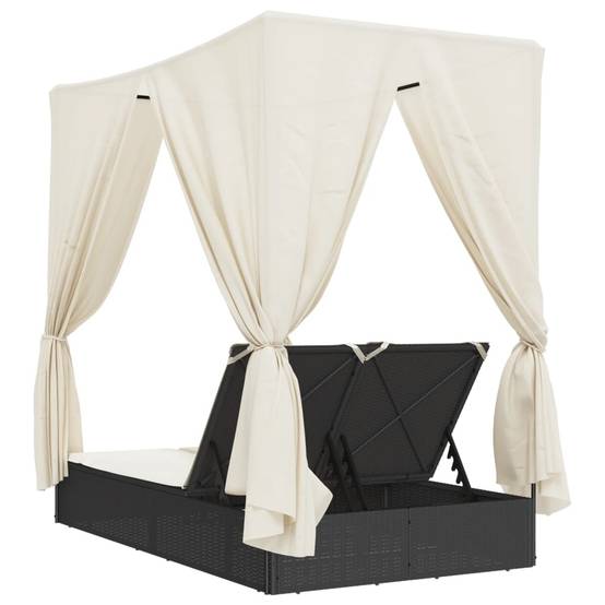 Chaise longue | Transat | Bain de soleil double avec toit et rideaux noir résine tressée - Image 6