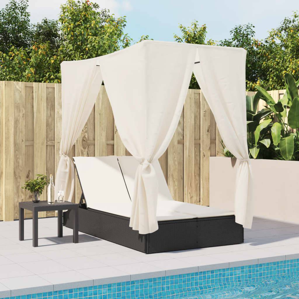 Chaise longue | Transat | Bain de soleil double avec toit et rideaux noir résine tressée - Image 3