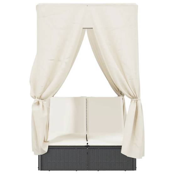 Chaise longue | Transat | Bain de soleil double avec toit et rideaux noir résine tressée - Image 4
