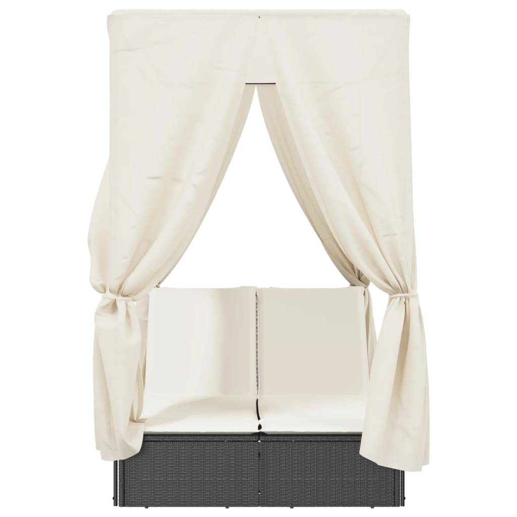 Chaise longue | Transat | Bain de soleil double avec toit et rideaux noir résine tressée - Image 4