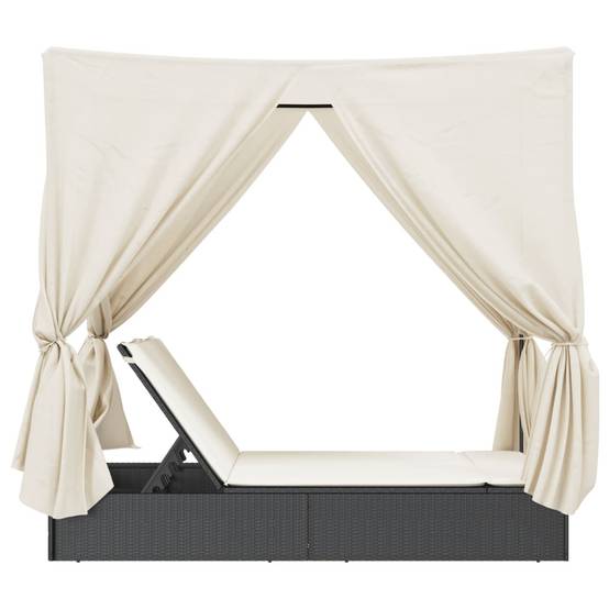 Chaise longue | Transat | Bain de soleil double avec toit et rideaux noir résine tressée - Image 5