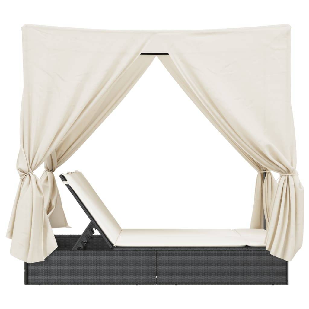Chaise longue | Transat | Bain de soleil double avec toit et rideaux noir résine tressée - Image 5