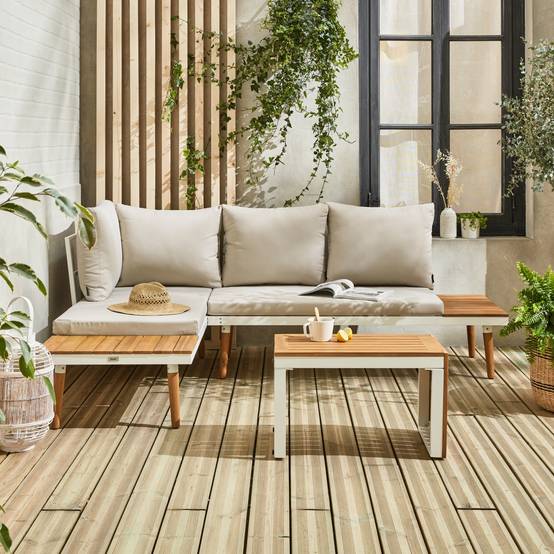 sweeek - Salon de jardin beige et blanc modulable en aluminium et bois d'acacia. 4 places. Sao Paulo.140 x 68 x 65cm | sweeek - Image 1