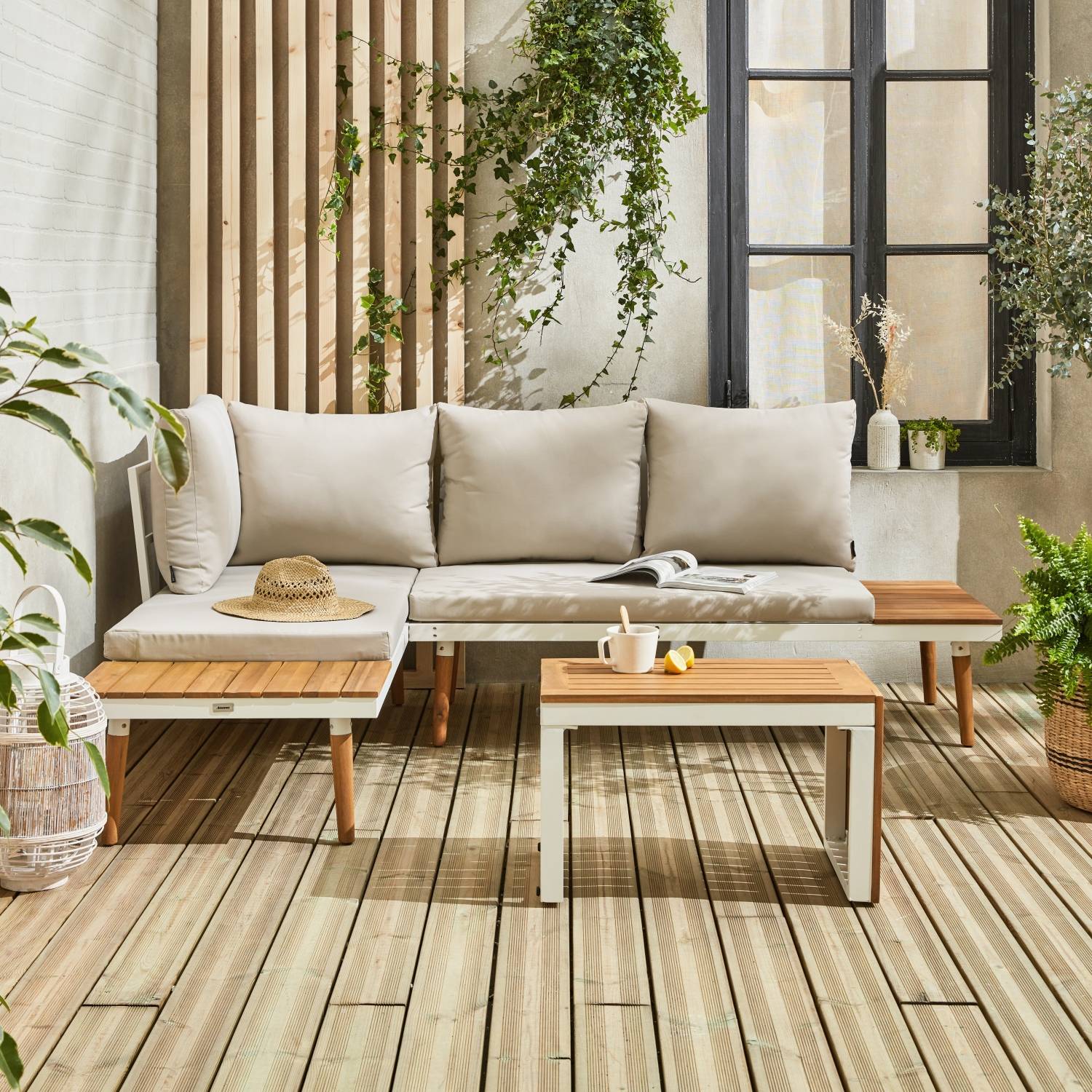 sweeek - Salon de jardin beige et blanc  modulable en aluminium et bois d'acacia. 4 places. Sao Paulo.140 x 68 x 65cm | sweeek - Image 1