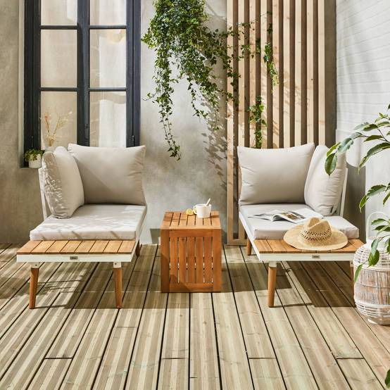 sweeek - Salon de jardin beige et blanc modulable en aluminium et bois d'acacia. 4 places. Sao Paulo.140 x 68 x 65cm | sweeek - Image 3