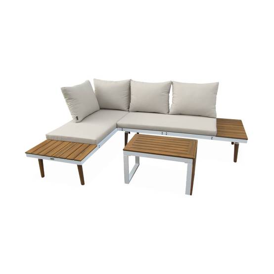 sweeek - Salon de jardin beige et blanc modulable en aluminium et bois d'acacia. 4 places. Sao Paulo.140 x 68 x 65cm | sweeek - Image 2