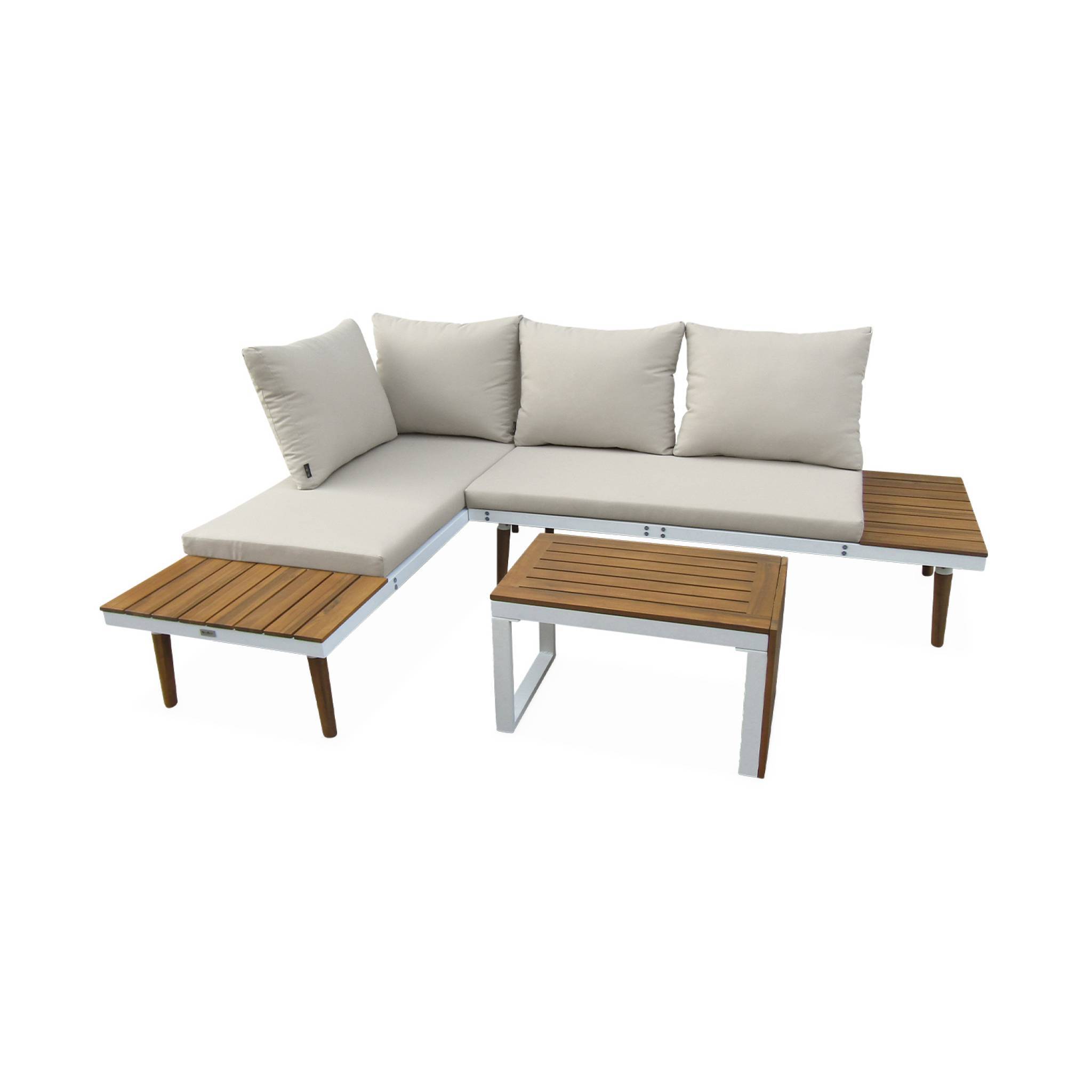 sweeek - Salon de jardin beige et blanc  modulable en aluminium et bois d'acacia. 4 places. Sao Paulo.140 x 68 x 65cm | sweeek - Image 2