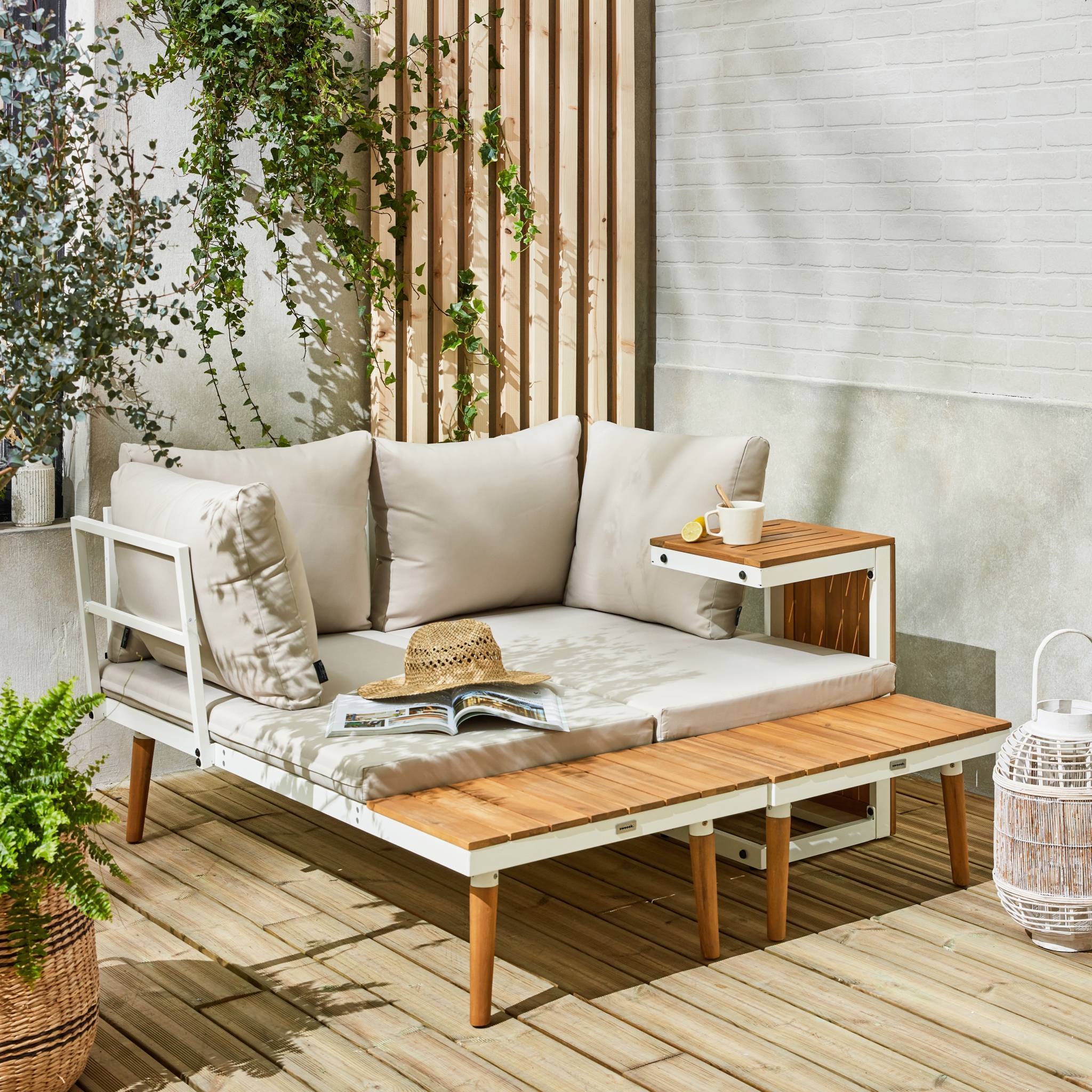 sweeek - Salon de jardin beige et blanc  modulable en aluminium et bois d'acacia. 4 places. Sao Paulo.140 x 68 x 65cm | sweeek - Image 5