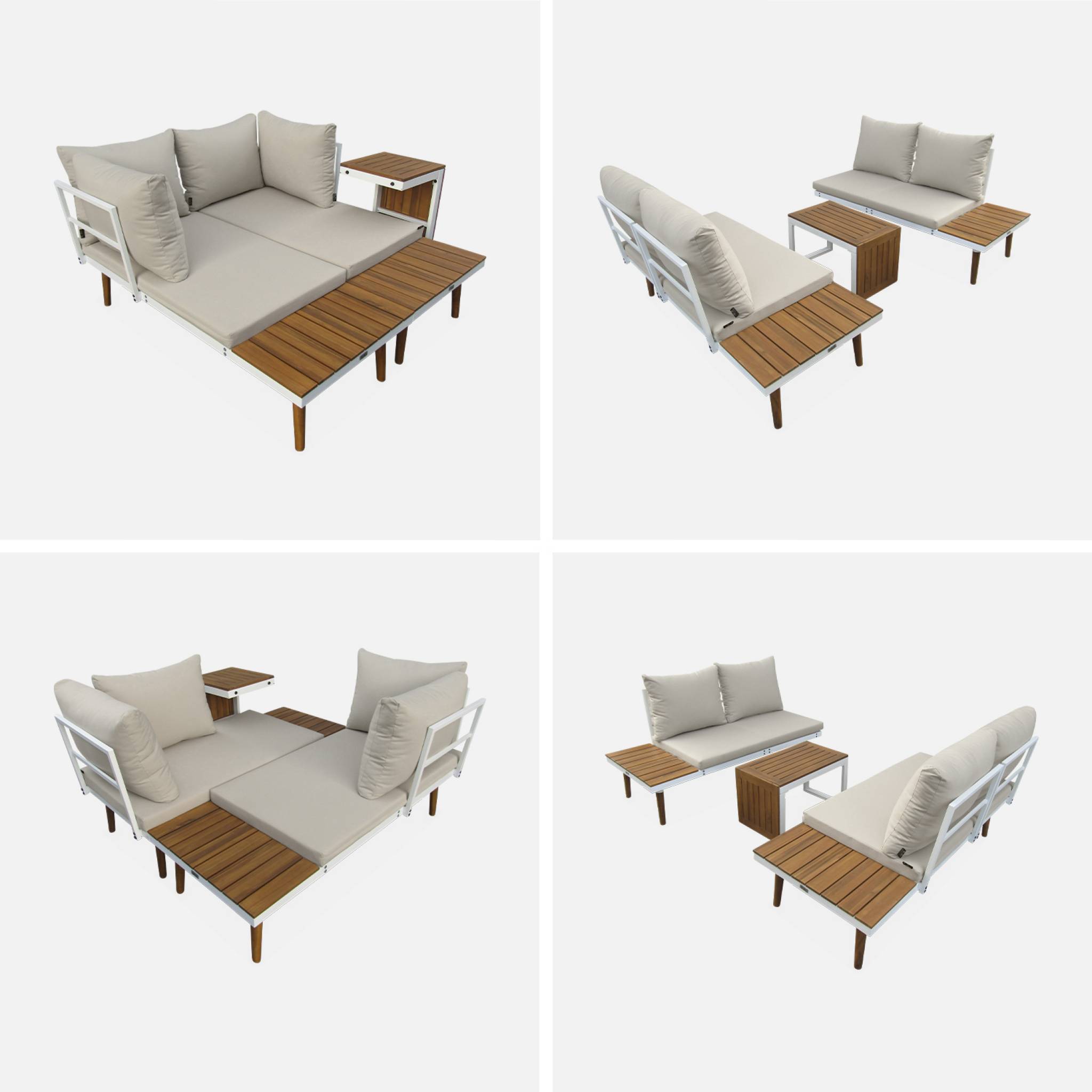 sweeek - Salon de jardin beige et blanc  modulable en aluminium et bois d'acacia. 4 places. Sao Paulo.140 x 68 x 65cm | sweeek - Image 7