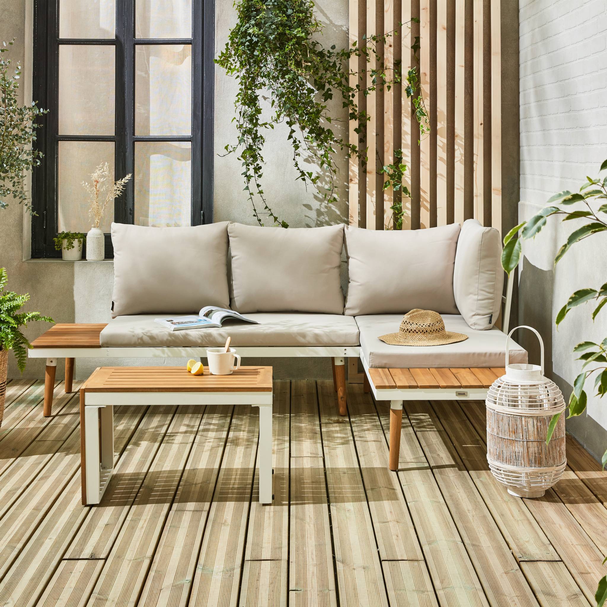 sweeek - Salon de jardin beige et blanc  modulable en aluminium et bois d'acacia. 4 places. Sao Paulo.140 x 68 x 65cm | sweeek - Image 4