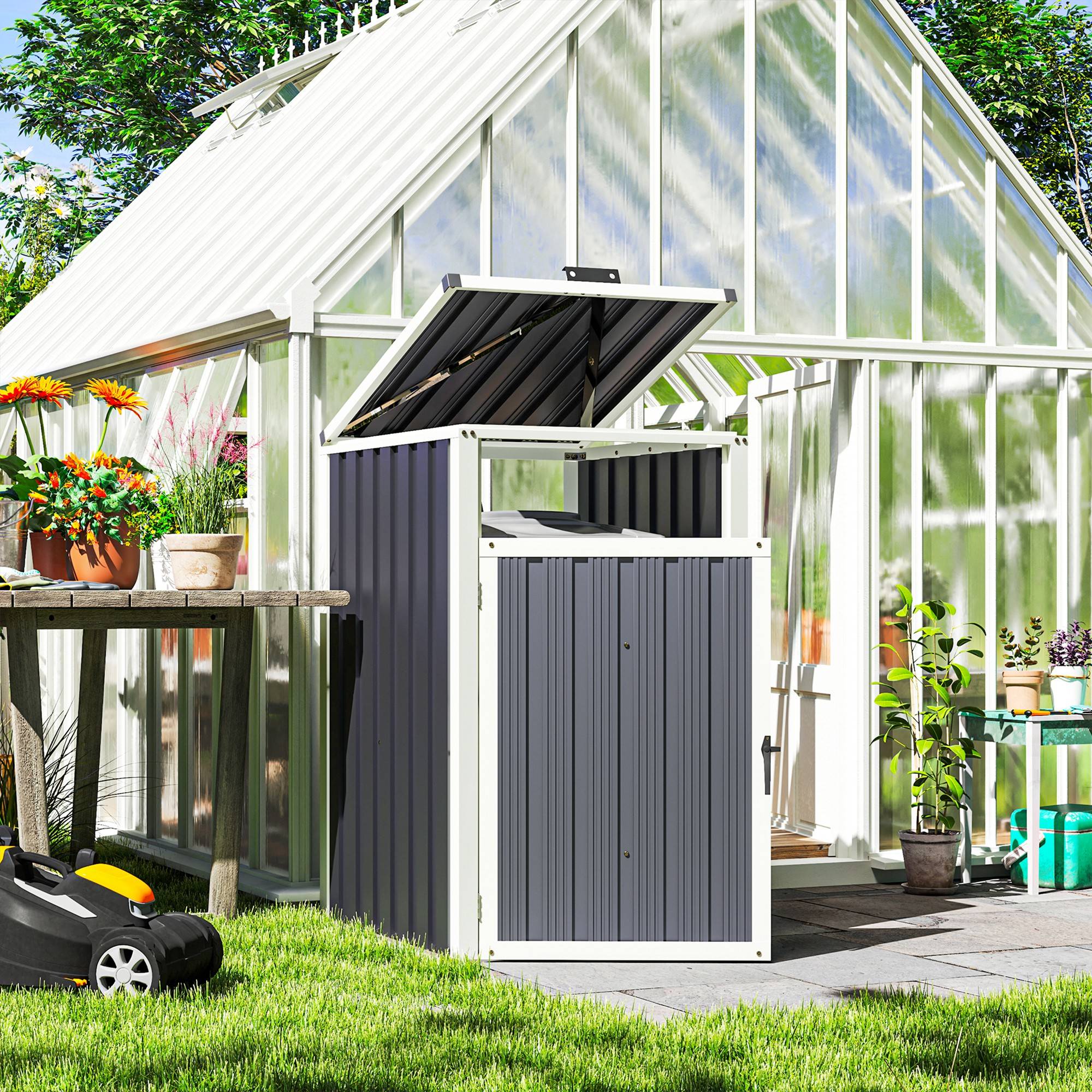 Abri pour 1 poubelle 240L cache poubelle extérieur couvercle relevable 180° acier galvanisé 73 x 81 x 122 cm gris foncé - Image 3
