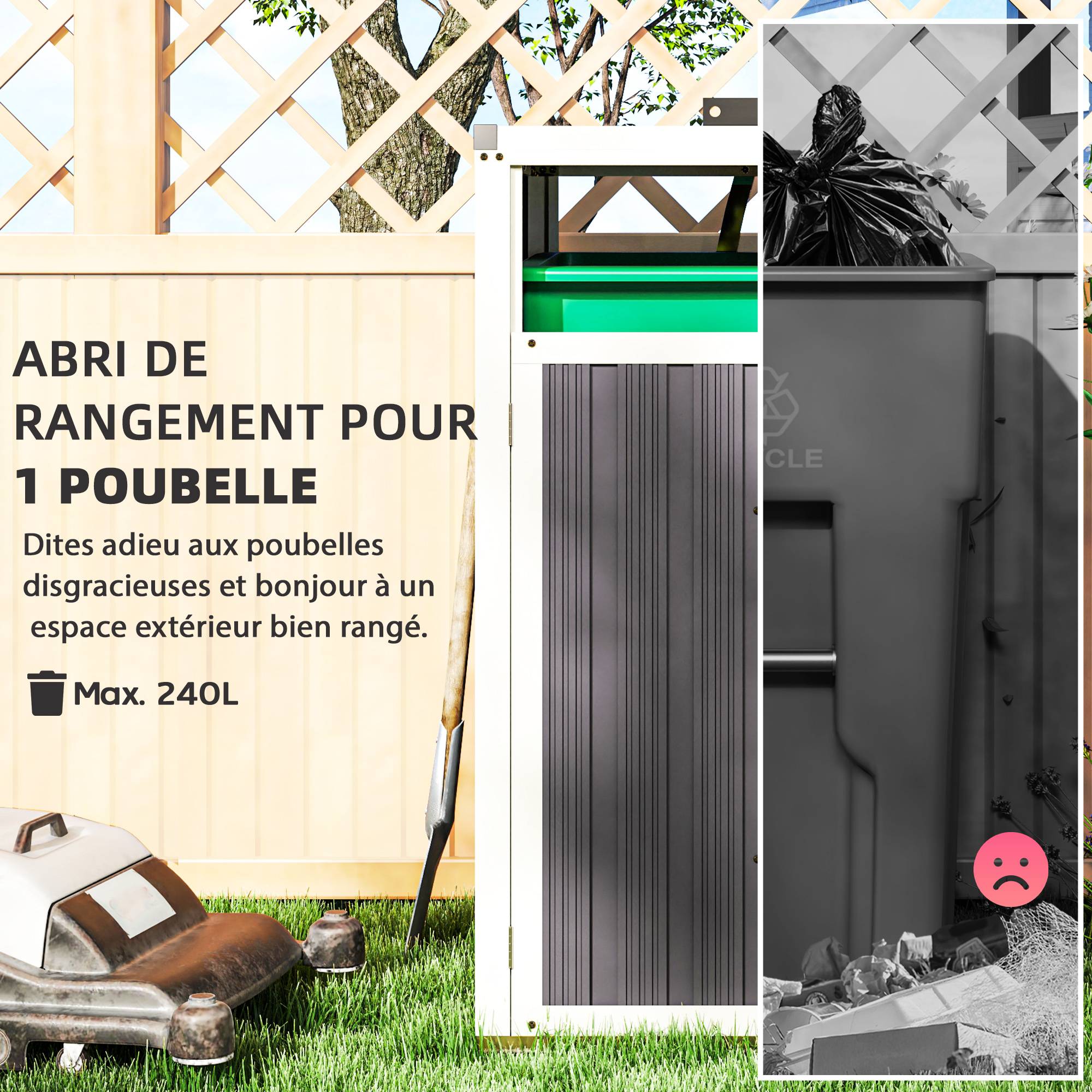 Abri pour 1 poubelle 240L cache poubelle extérieur couvercle relevable 180° acier galvanisé 73 x 81 x 122 cm gris foncé - Image 6
