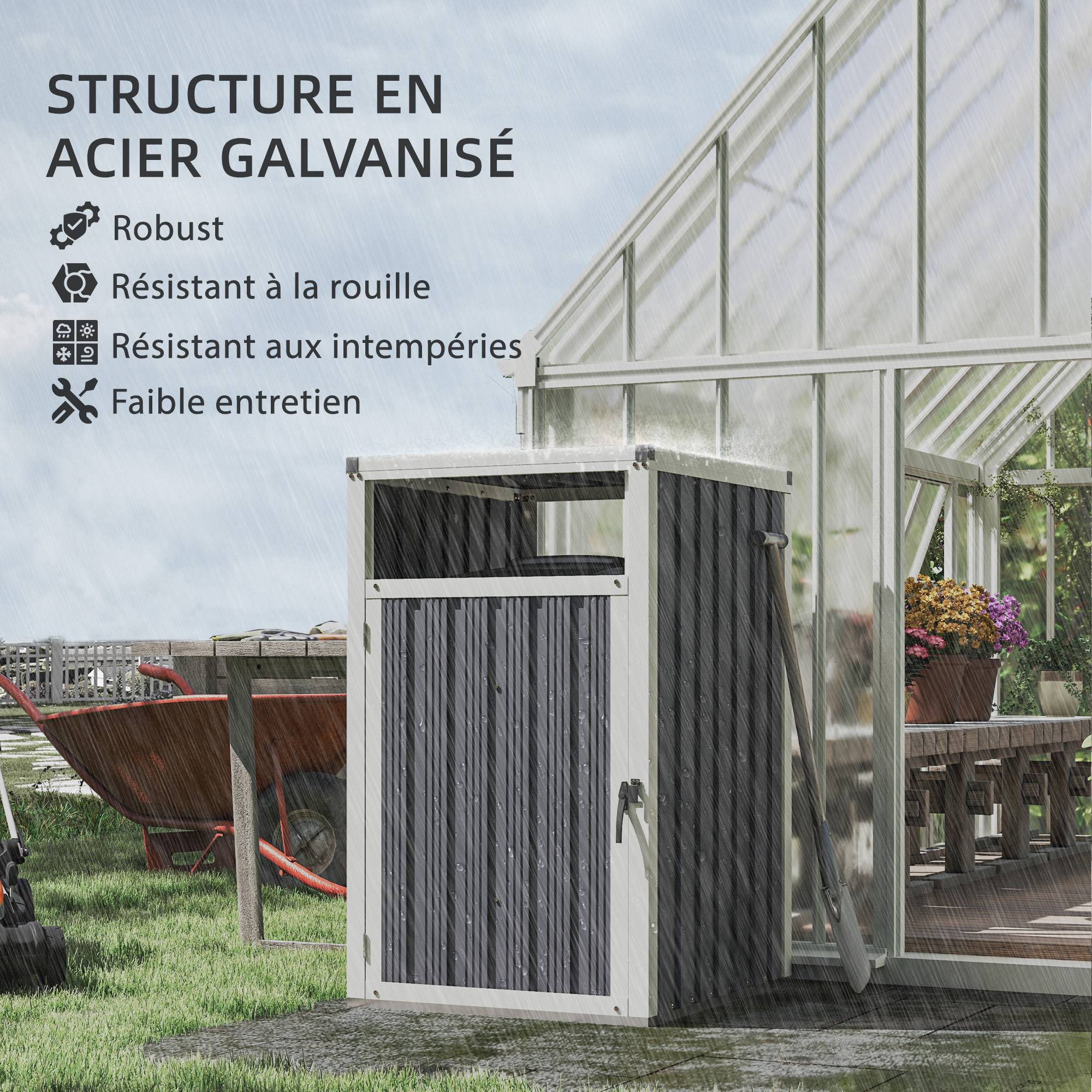 Abri pour 1 poubelle 240L cache poubelle extérieur couvercle relevable 180° acier galvanisé 73 x 81 x 122 cm gris foncé - Image 8