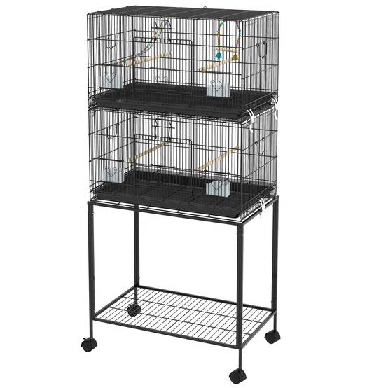 Volière Double Acier sur Roulettes pour Canaris et Perruches Cage Spacieuse 77x164 cm Noir - ComfortXL Outdoor Living - Image 2
