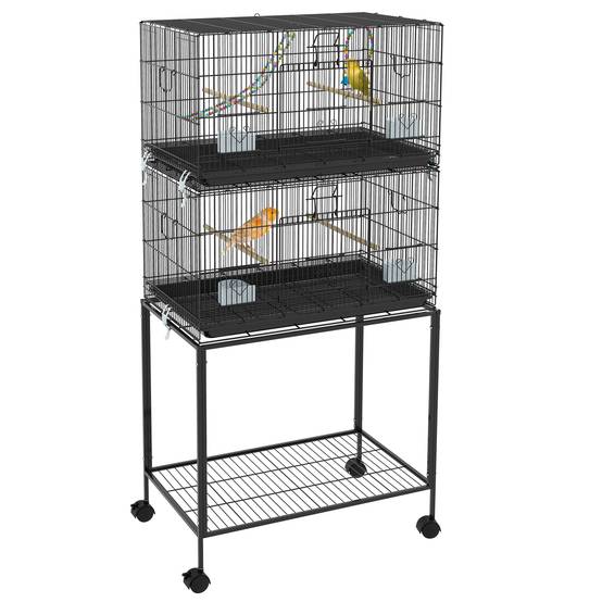 Volière Double Acier sur Roulettes pour Canaris et Perruches Cage Spacieuse 77x164 cm Noir - ComfortXL Outdoor Living - Image 1