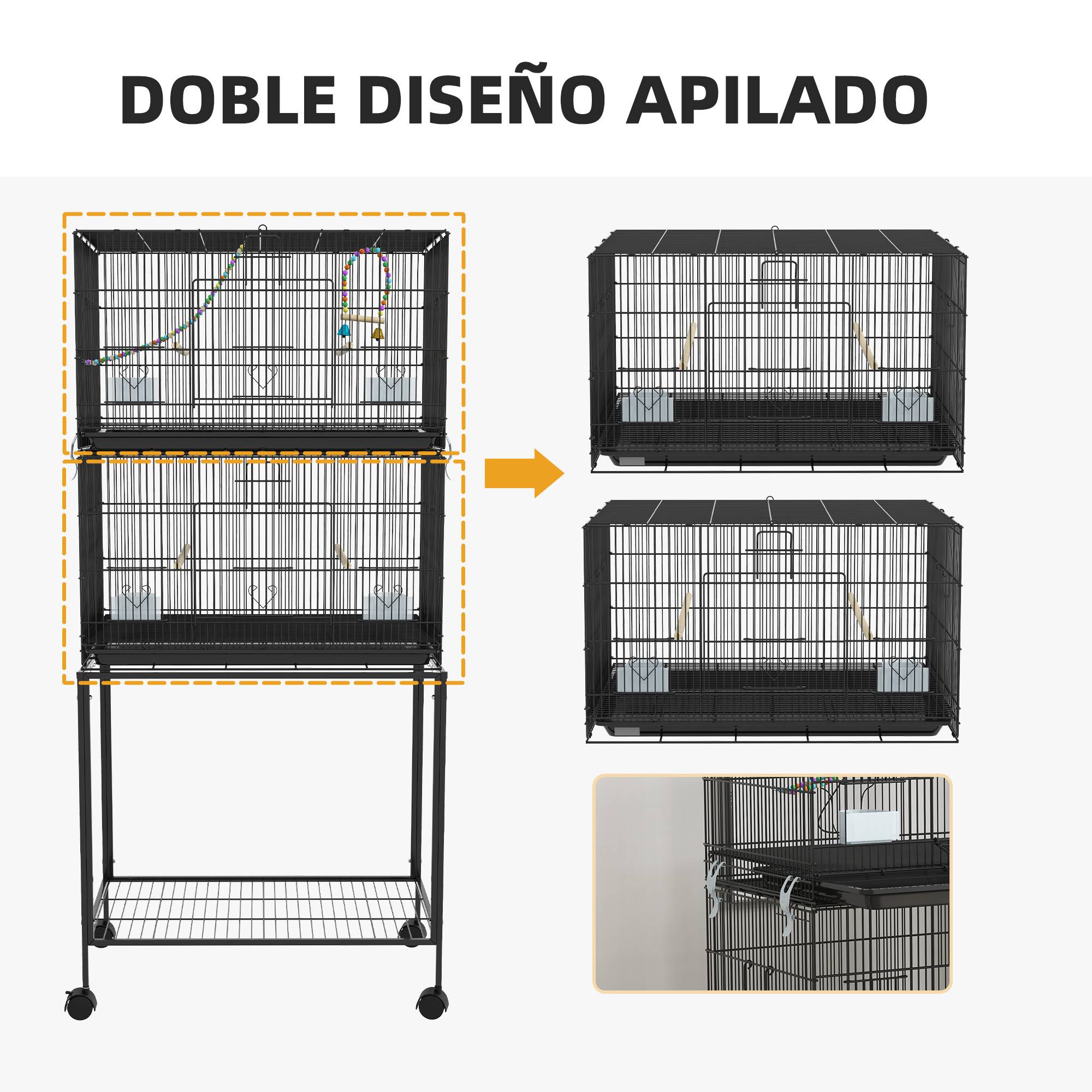 Volière Double Acier sur Roulettes pour Canaris et Perruches Cage Spacieuse 77x164 cm Noir - ComfortXL Outdoor Living - Image 9