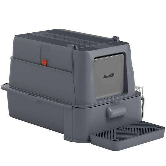 Bac à litière extra-large en acier inoxydable avec couvercle à charnière à 180°, rebord haut, pédale et pelle, gris foncé. - Image 2