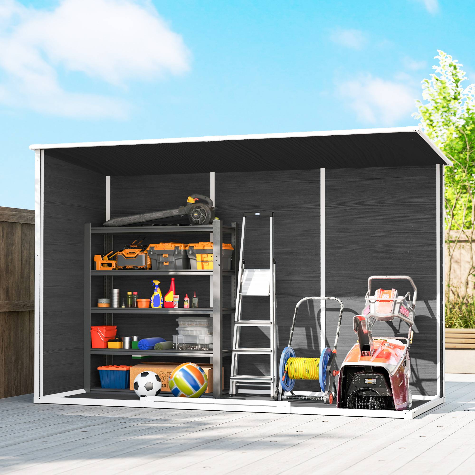 ComfortXL - Abri de jardin en polypropylène et aluminium gris 303 x 123 x 197 cm effet bois avec plancher pour rangement - Image 9