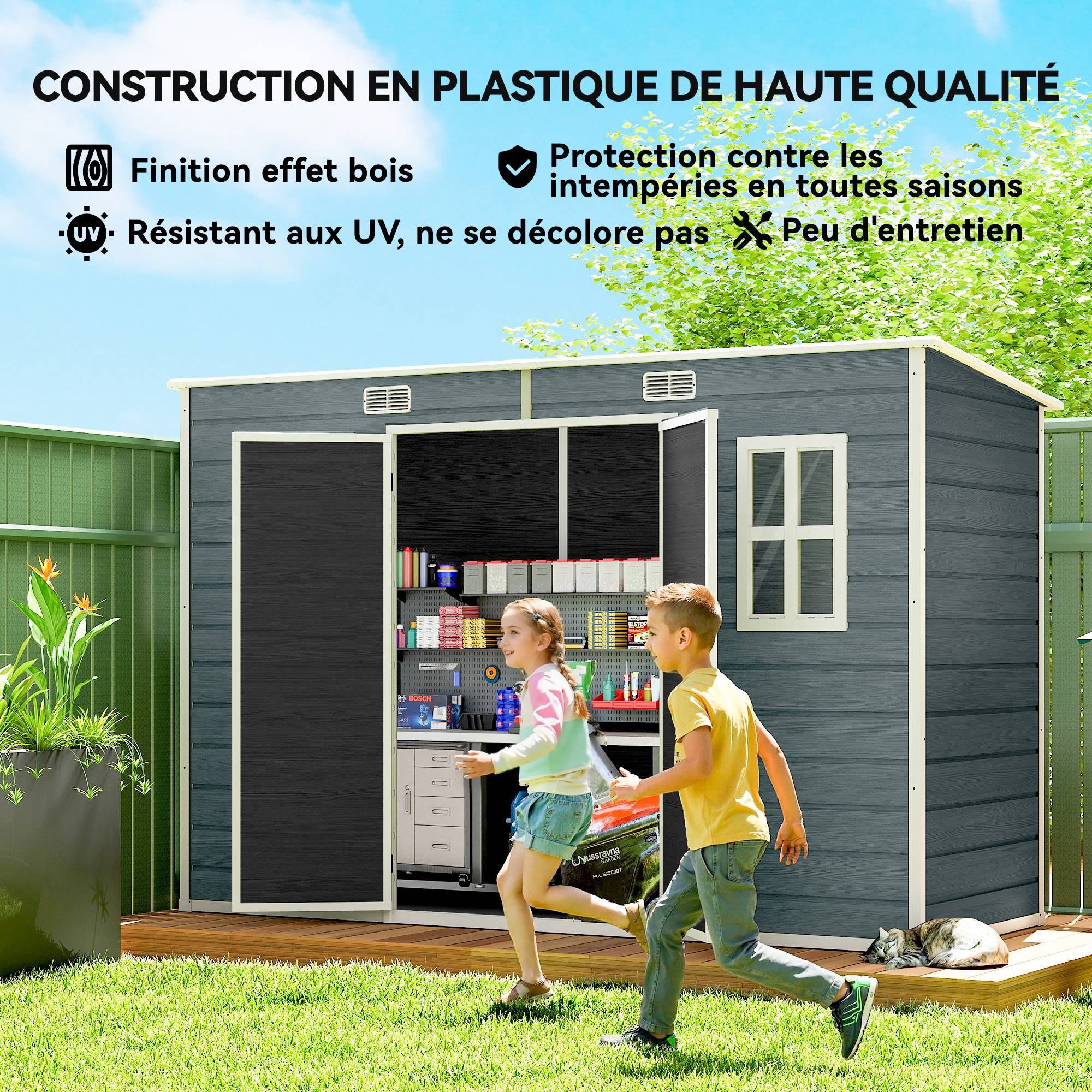 ComfortXL - Abri de jardin en polypropylène et aluminium gris 303 x 123 x 197 cm effet bois avec plancher pour rangement - Image 8
