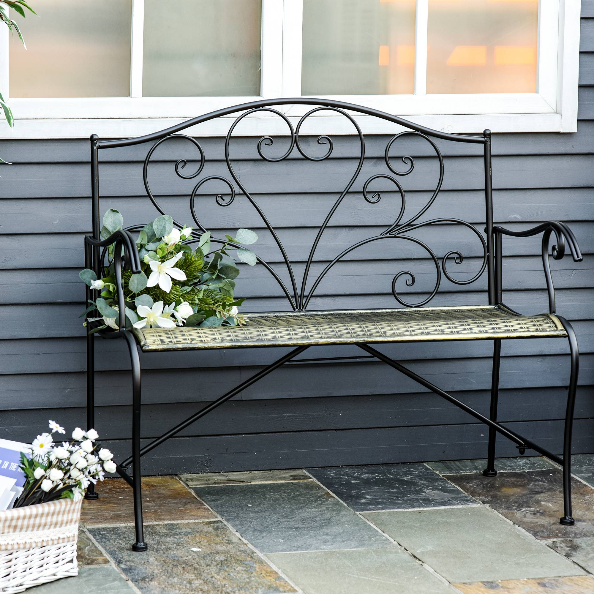 Banc de Jardin 2 Places Style néo-rétro Fer forgé Lignes fuselées métal Noir doré Effet Vieilli - Image 2