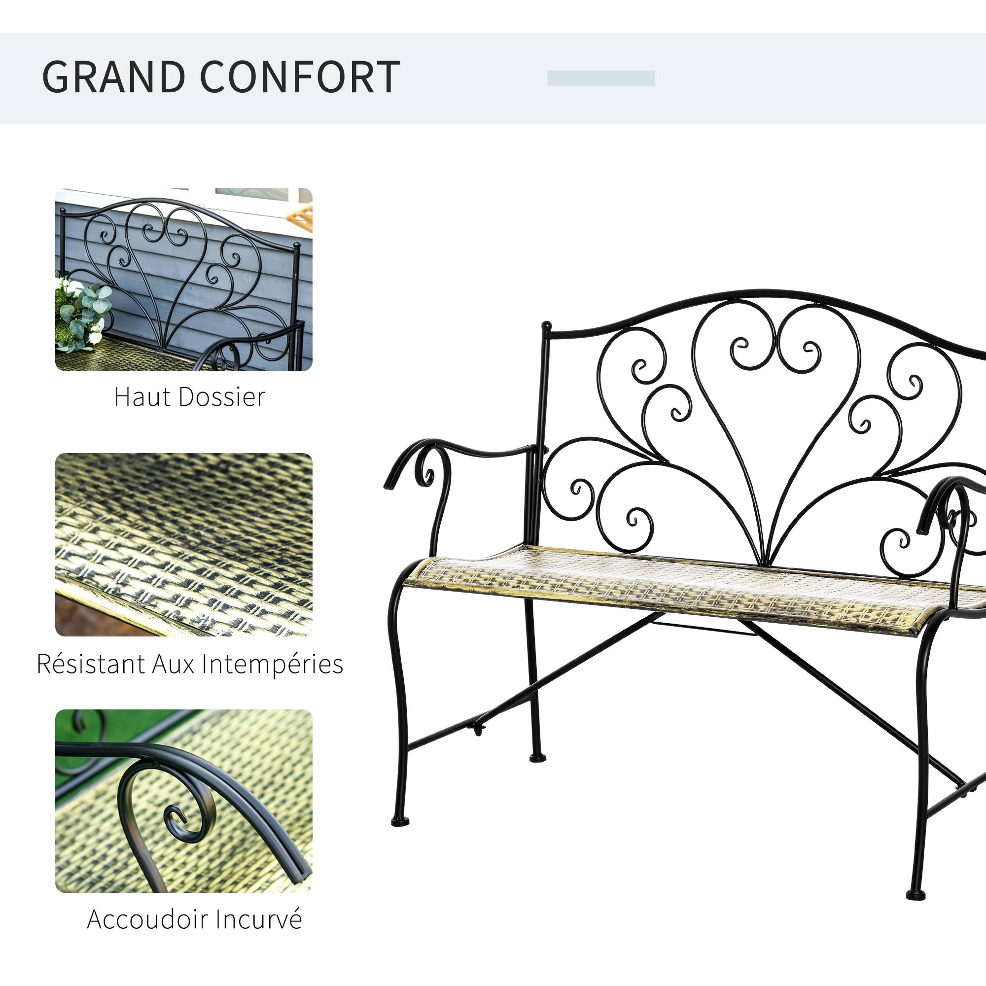 Banc de Jardin 2 Places Style néo-rétro Fer forgé Lignes fuselées métal Noir doré Effet Vieilli - Image 5
