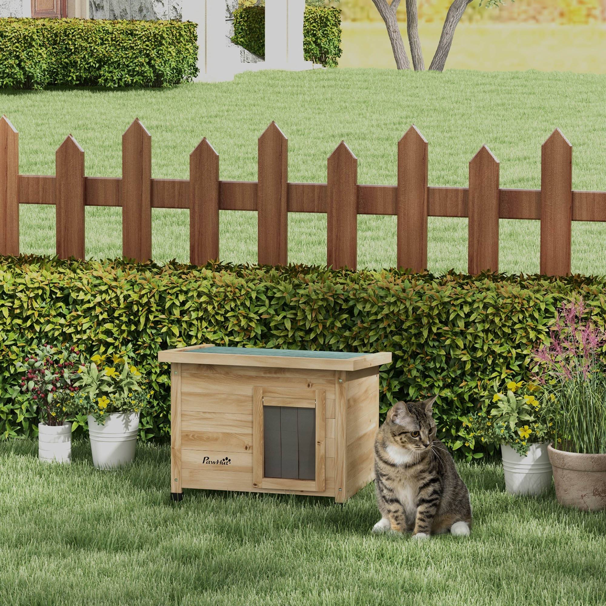 Maison pour chats niche d'extérieur en bois surélevée avec toit asphalte, fenêtre, 57 x 45 x 43 cm jaune - Image 3