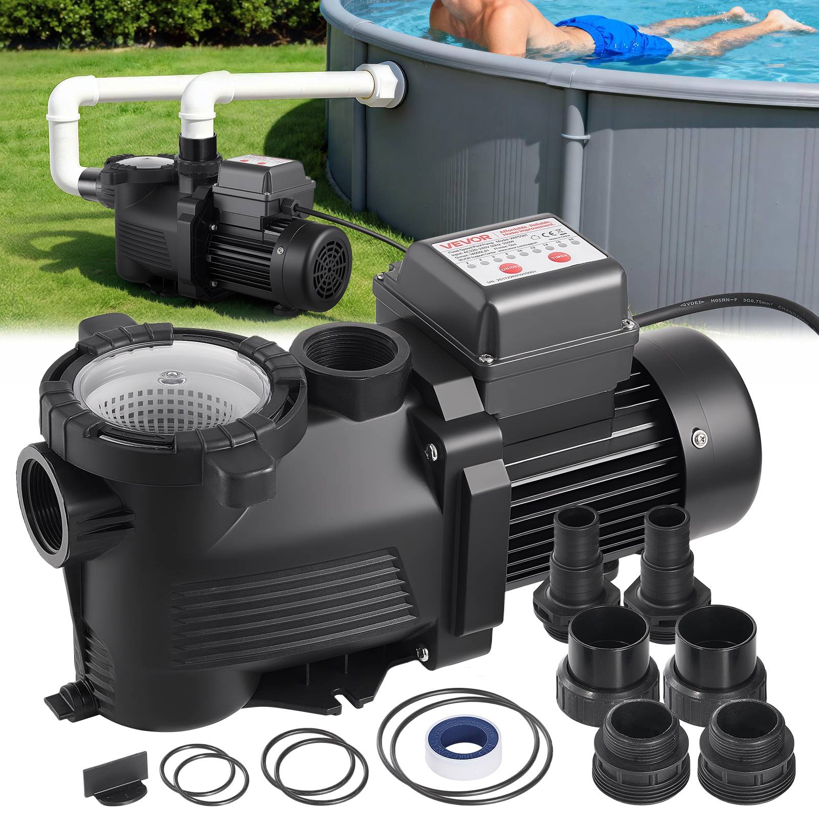 Vevor - VEVOR Pompe piscine 550 W, 14 000 L/h, refoulement 12 m, monovitesse, panier filtrant, minuterie 24 h, 220-240 V. - Image 1