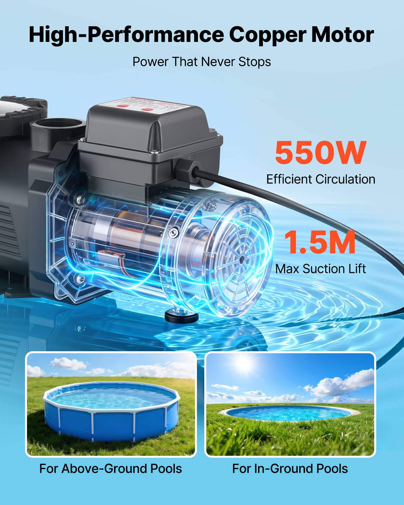 Vevor - VEVOR Pompe piscine 550 W, 14 000 L/h, refoulement 12 m, monovitesse, panier filtrant, minuterie 24 h, 220-240 V. - Image 3