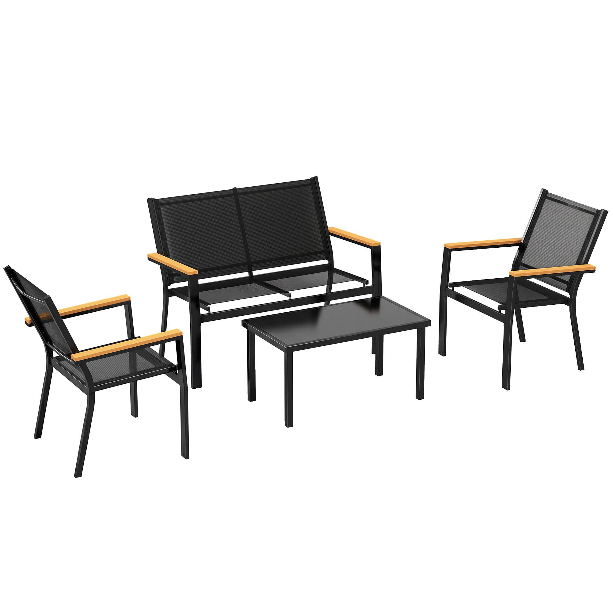 Salon de jardin métallique pour 4 personnes avec canapé 2 places et table de chevet, couleur noire, 110x63,5x84 cm - Image 1