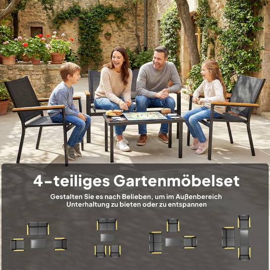 Salon de jardin métallique pour 4 personnes avec canapé 2 places et table de chevet, couleur noire, 110x63,5x84 cm - Image 4