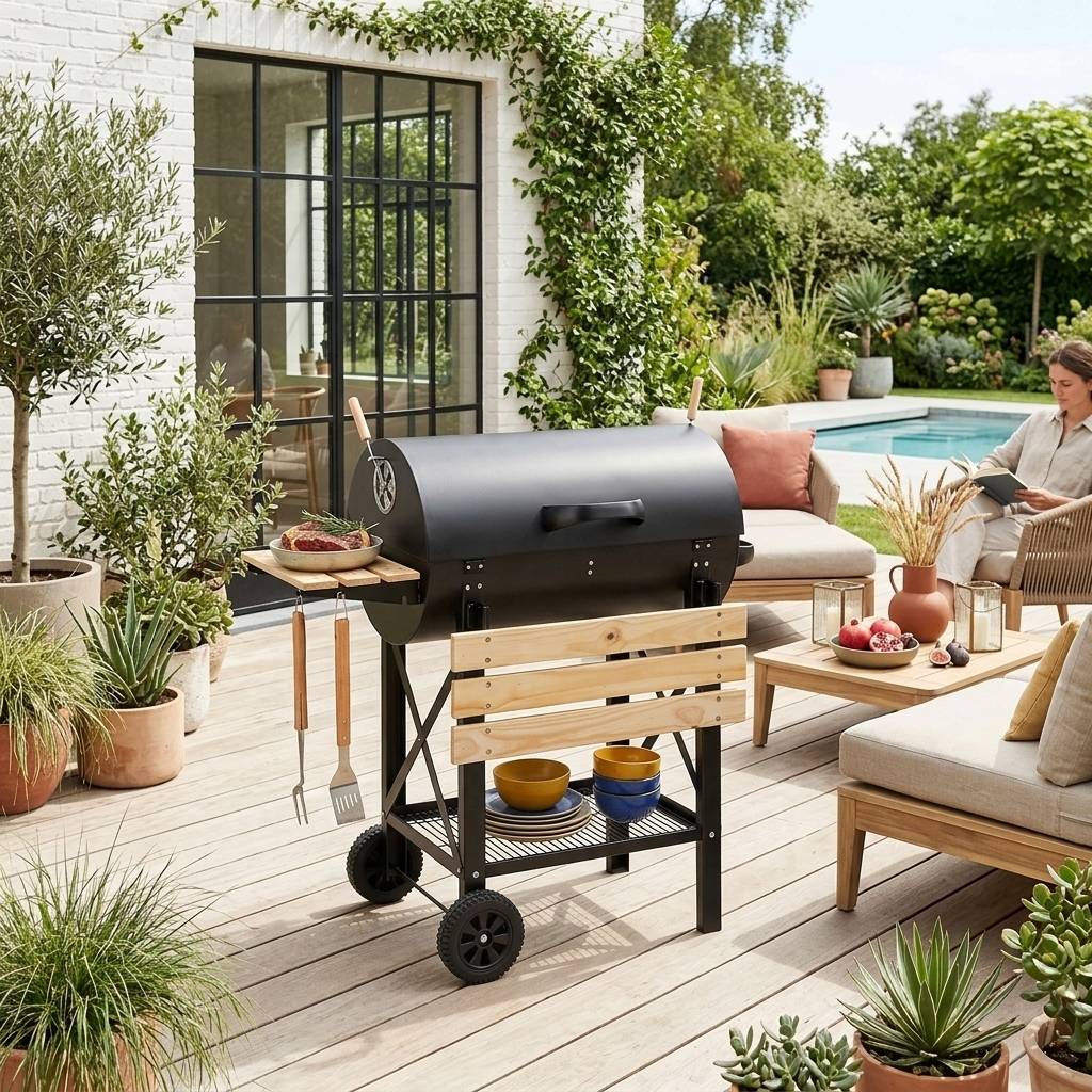 sweeek - Barbecue américain charbon de bois - Serge noir - Smoker américain avec aérateurs. récupérateur de cendres. fumoir | sweeek - Image 1