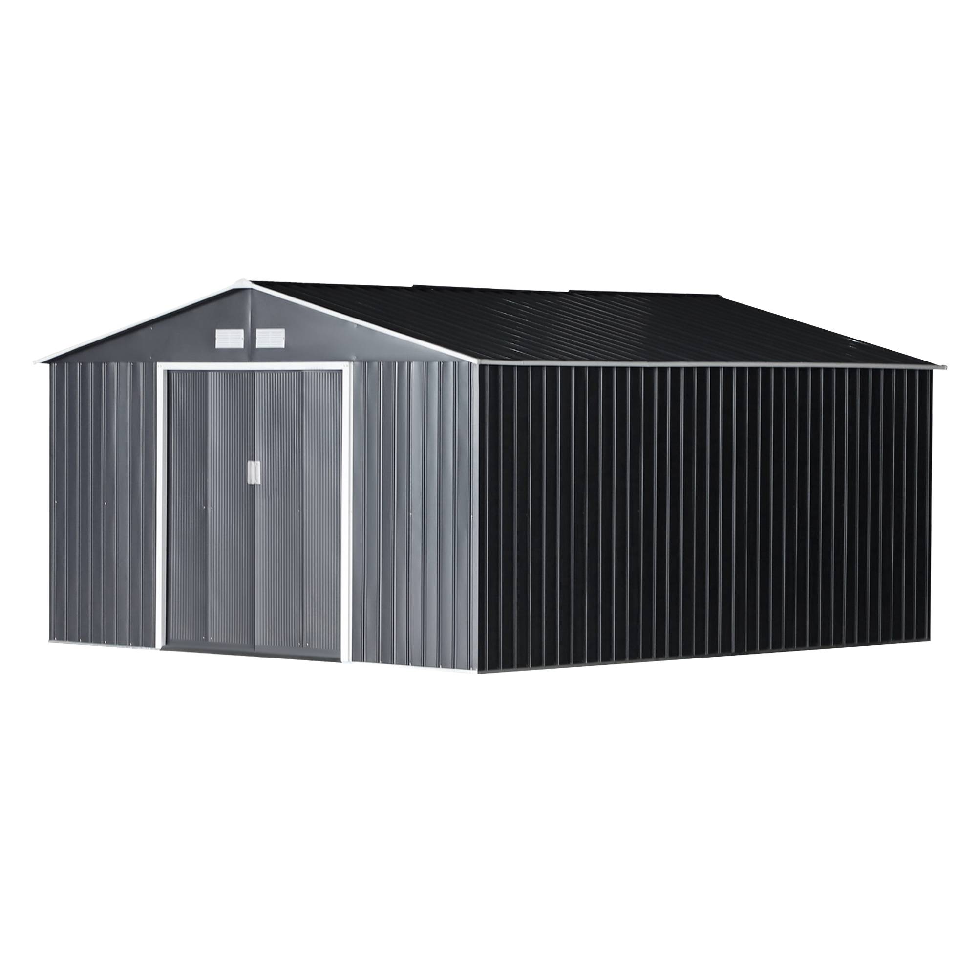 Abri de jardin acier galvanisé 12,4 m² avec fondation, aérations toit pente double porte coulissante gris - Image 2