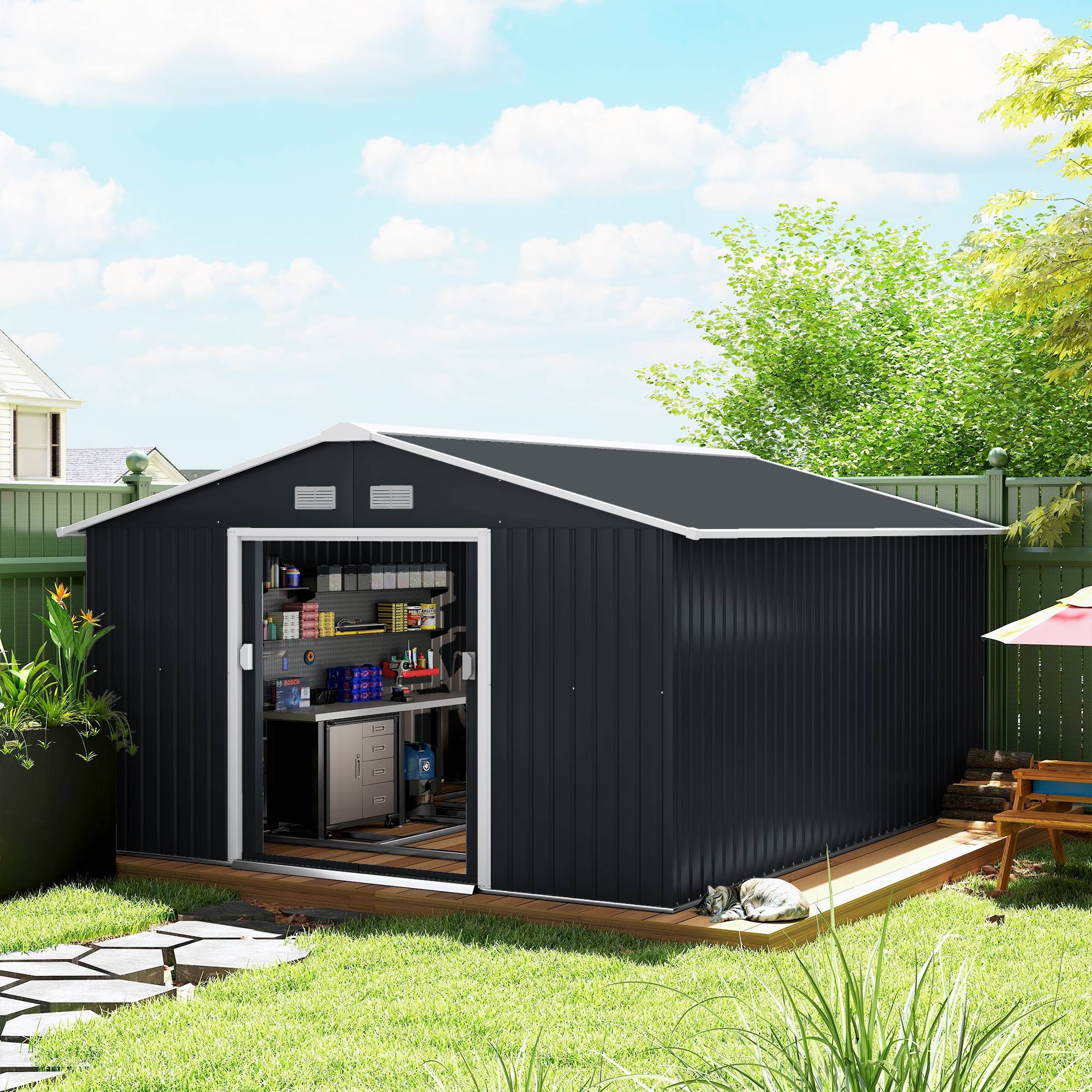 Abri de jardin acier galvanisé 12,4 m² avec fondation, aérations toit pente double porte coulissante gris - Image 3