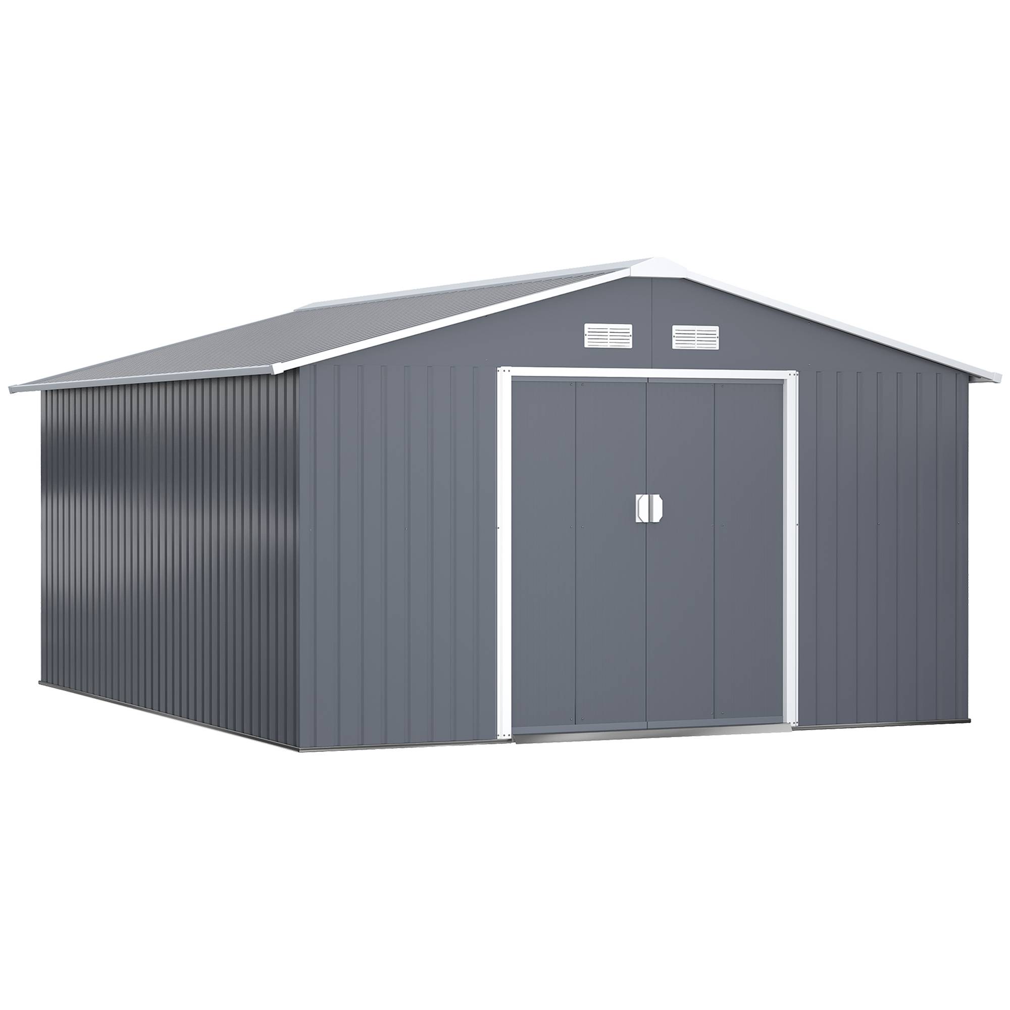 Abri de jardin acier galvanisé 12,4 m² avec fondation, aérations toit pente double porte coulissante gris - Image 1