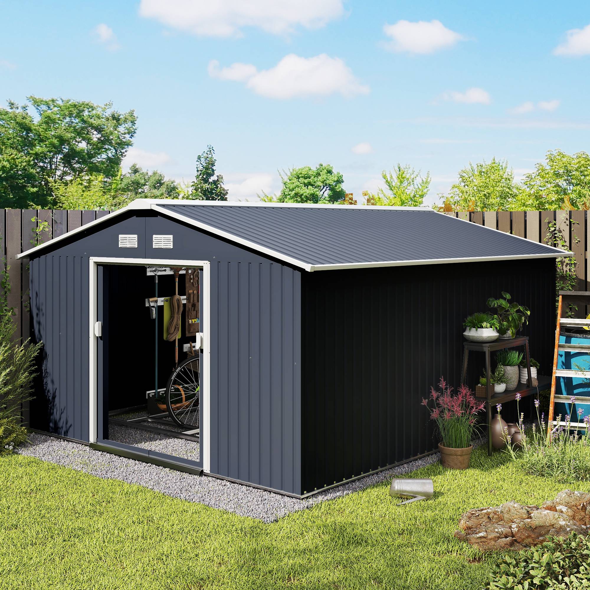 Abri de jardin acier galvanisé 12,4 m² avec fondation, aérations toit pente double porte coulissante gris - Image 4