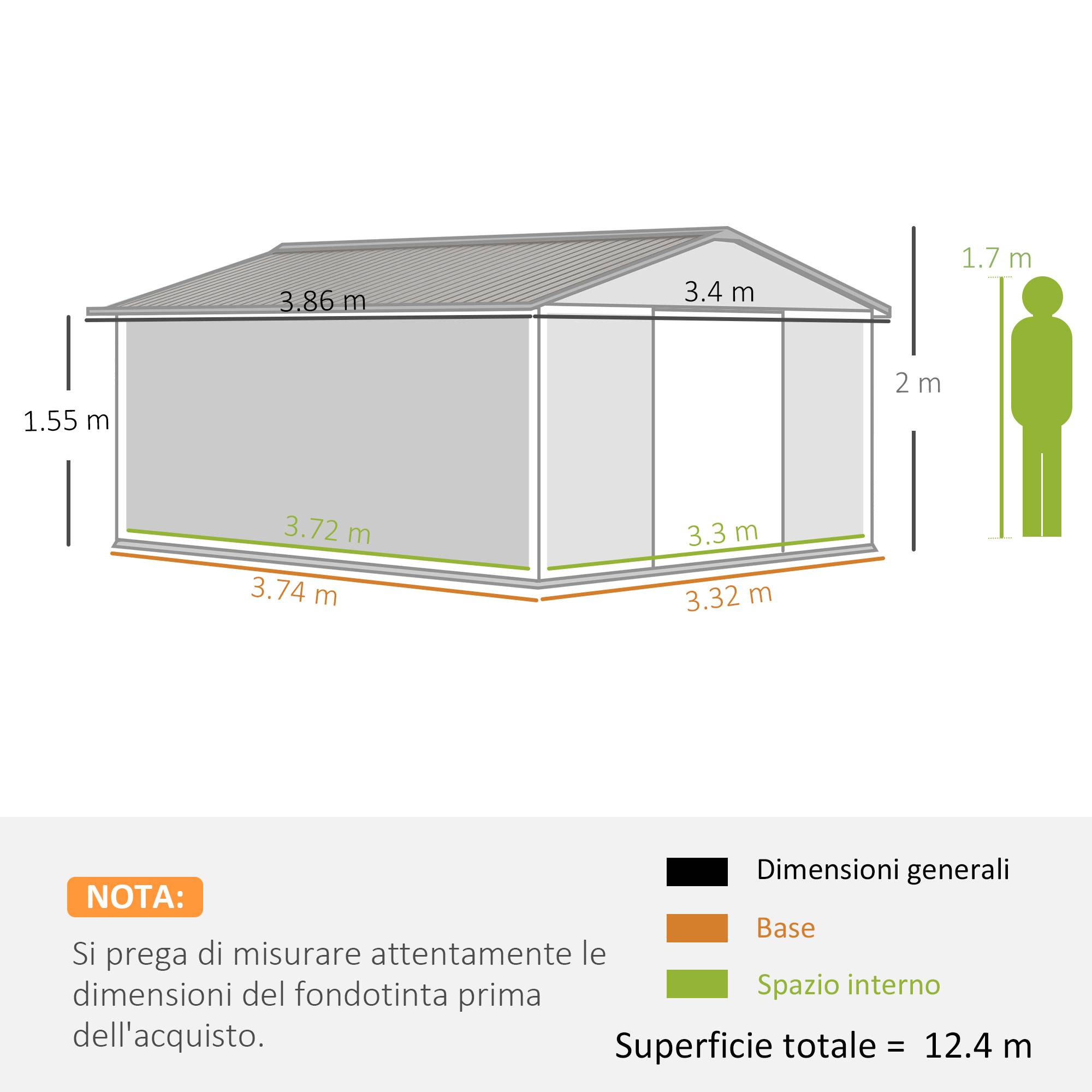 Abri de jardin acier galvanisé 12,4 m² avec fondation, aérations toit pente double porte coulissante gris - Image 5