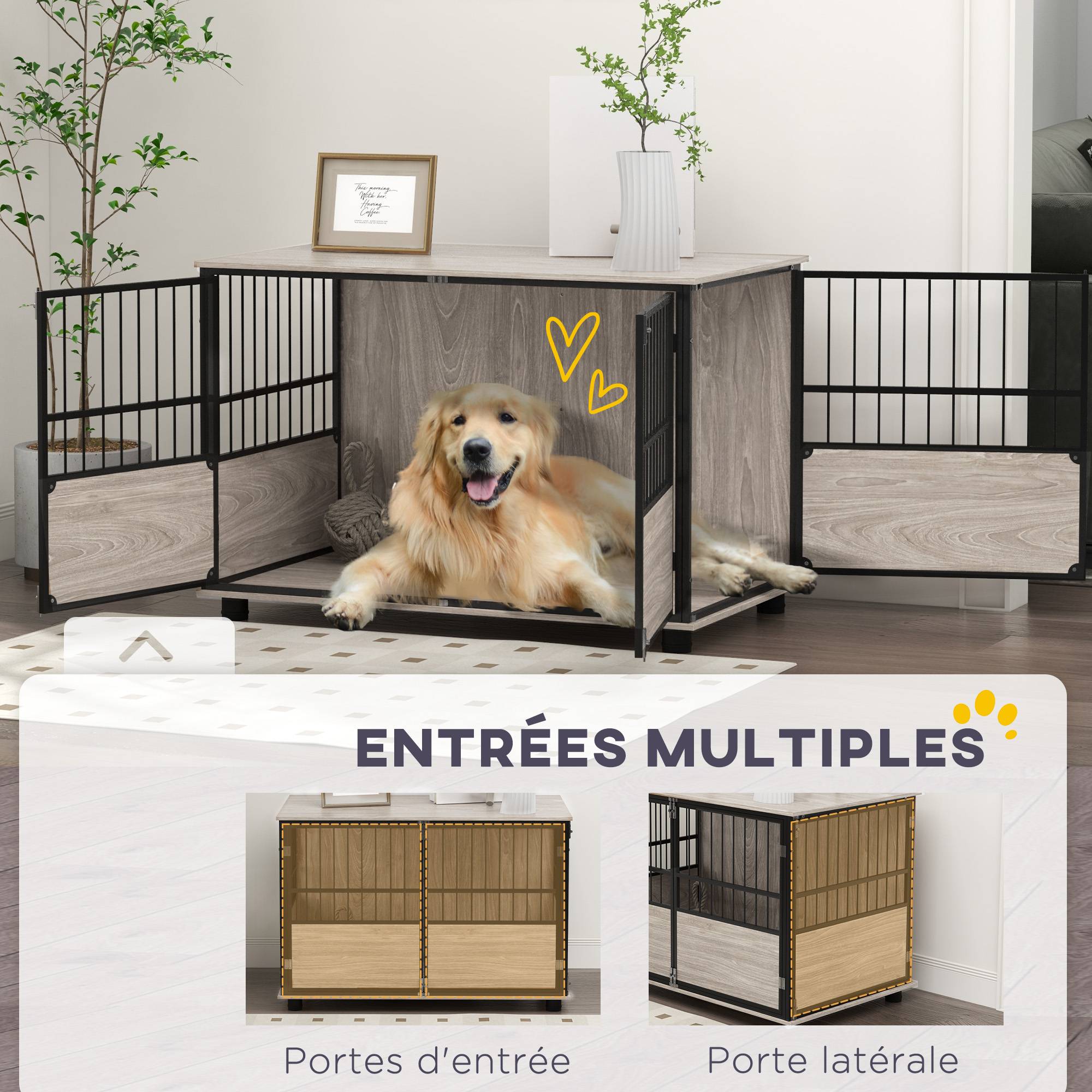 Cage intérieur acier bois grand chien meuble 3 portes verrouillables 100x60x68cm marron - ComfortXL Outdoor Living - Image 9