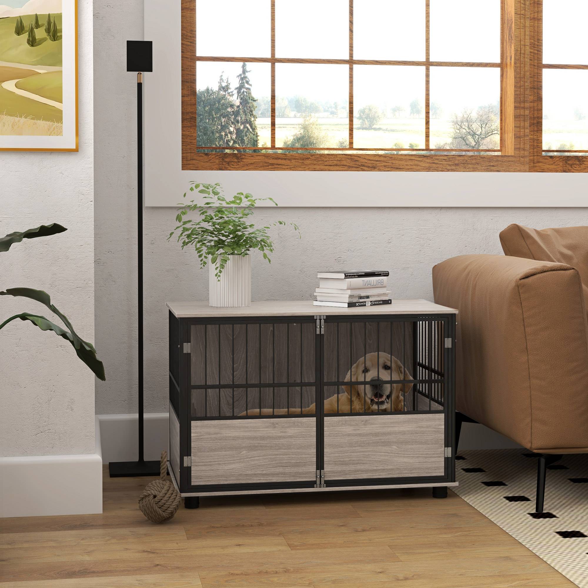 Cage intérieur acier bois grand chien meuble 3 portes verrouillables 100x60x68cm marron - ComfortXL Outdoor Living - Image 4