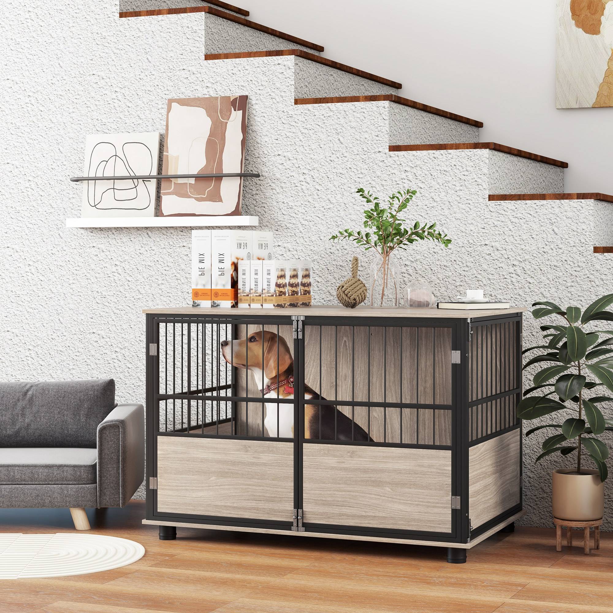 Cage intérieur acier bois grand chien meuble 3 portes verrouillables 100x60x68cm marron - ComfortXL Outdoor Living - Image 3