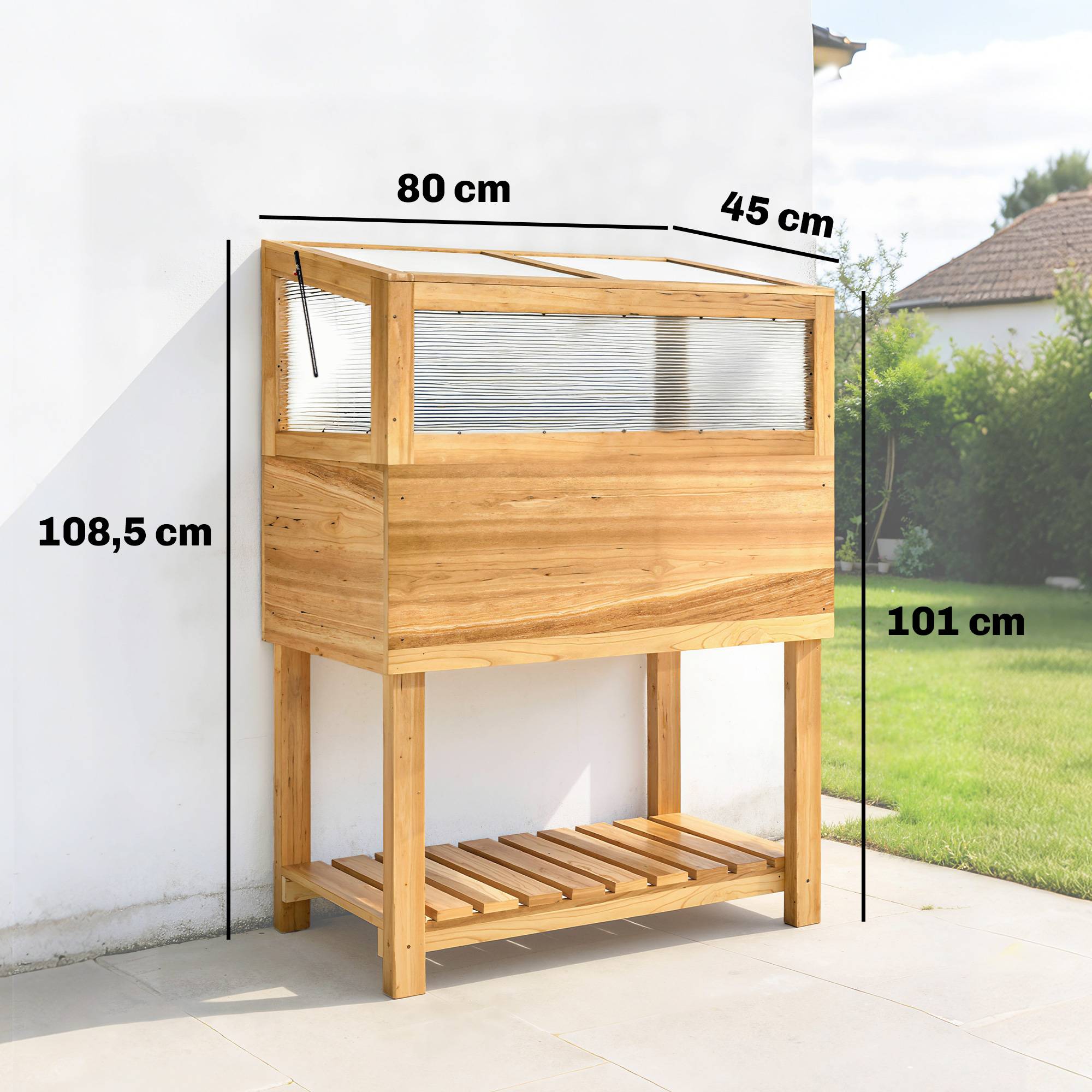 Jardinière surélevée bois avec serre, couvercle rabattable, étagère, tissu non tissé, ergonomique - Image 5