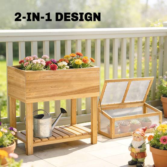 Jardinière surélevée bois avec serre, couvercle rabattable, étagère, tissu non tissé, ergonomique - Image 6