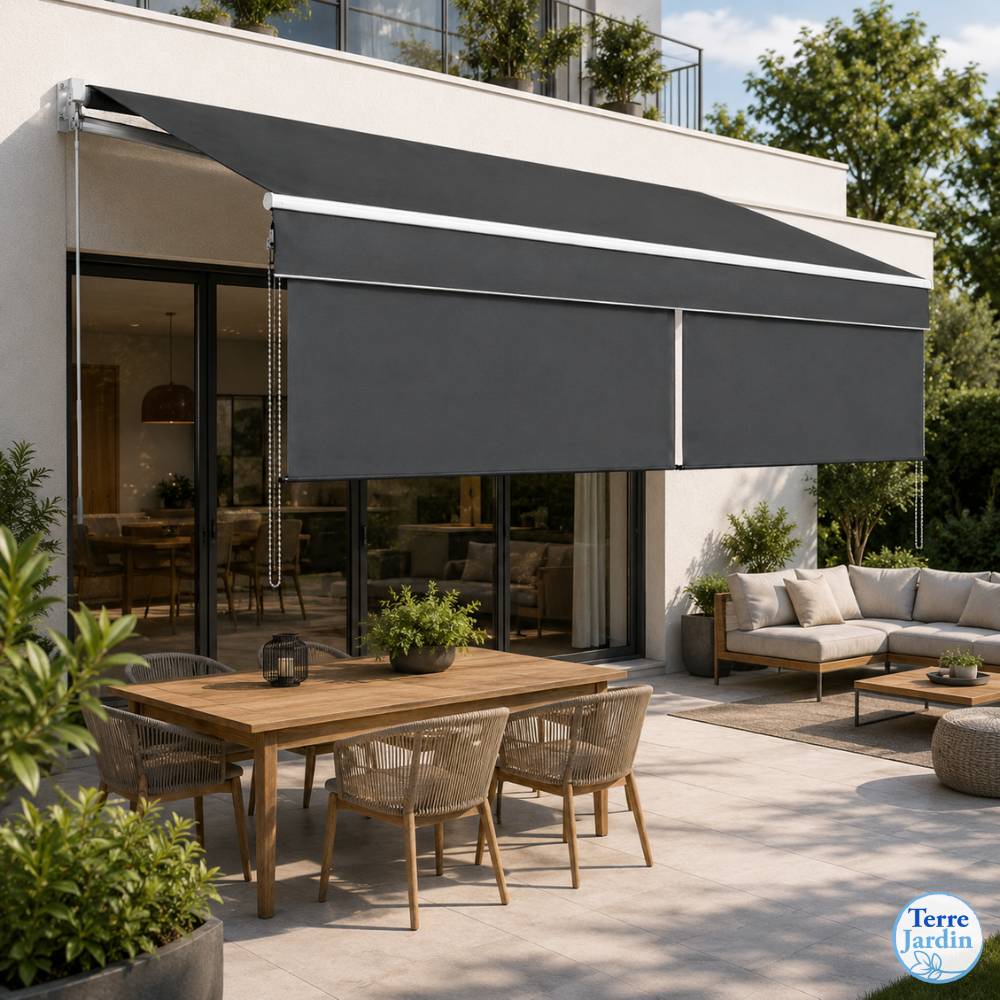 Store banne 2 en 1 avec double protection verticale et horizontale - Terrasse et balcon 4 x 3 Gris - Image 3