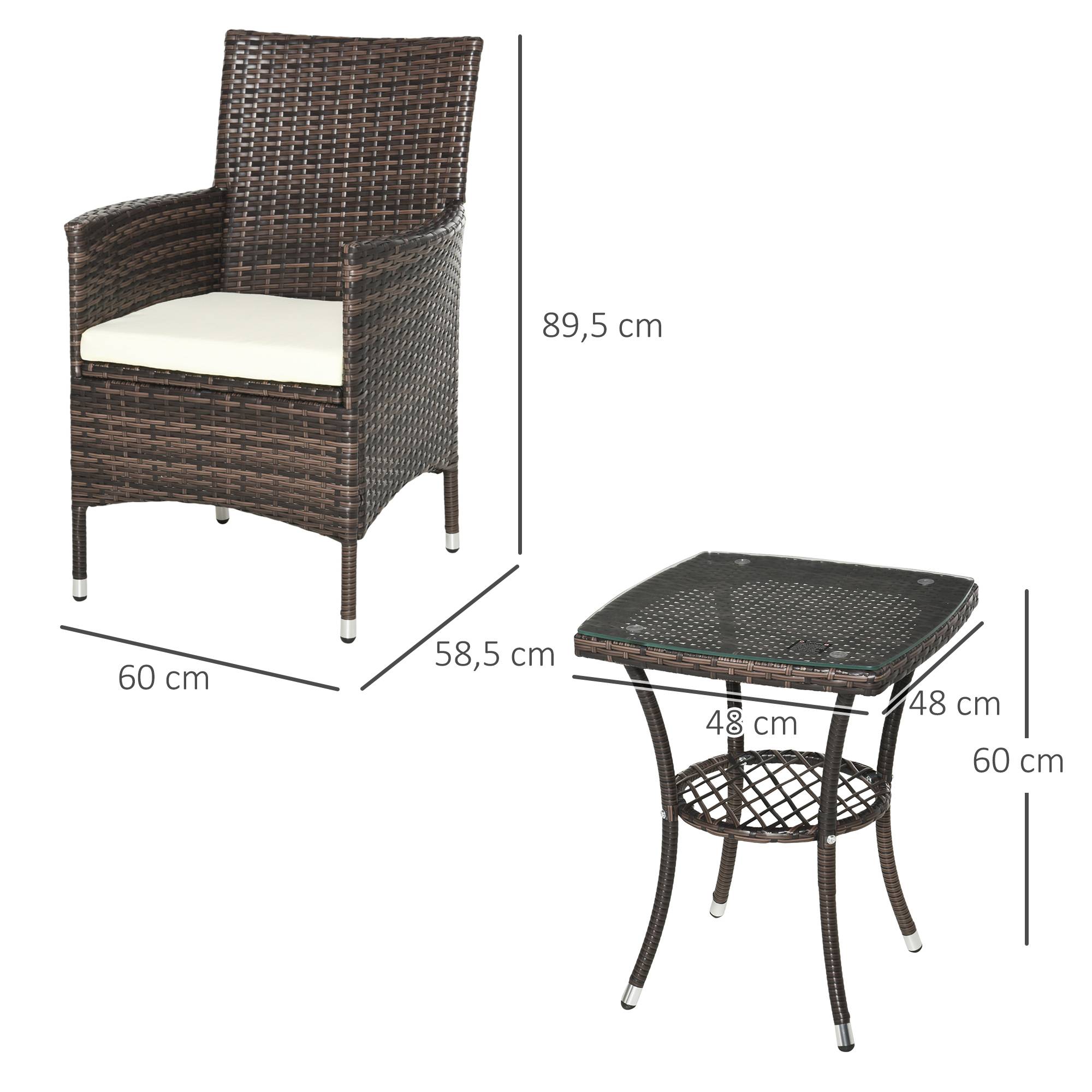Outsunny - Ensemble salon de jardin 2 places 2 fauteuils table basse plateau verre trempé résine tressée imitation rotin chocolat foncé coussins blanc - Outsunny - Image 3
