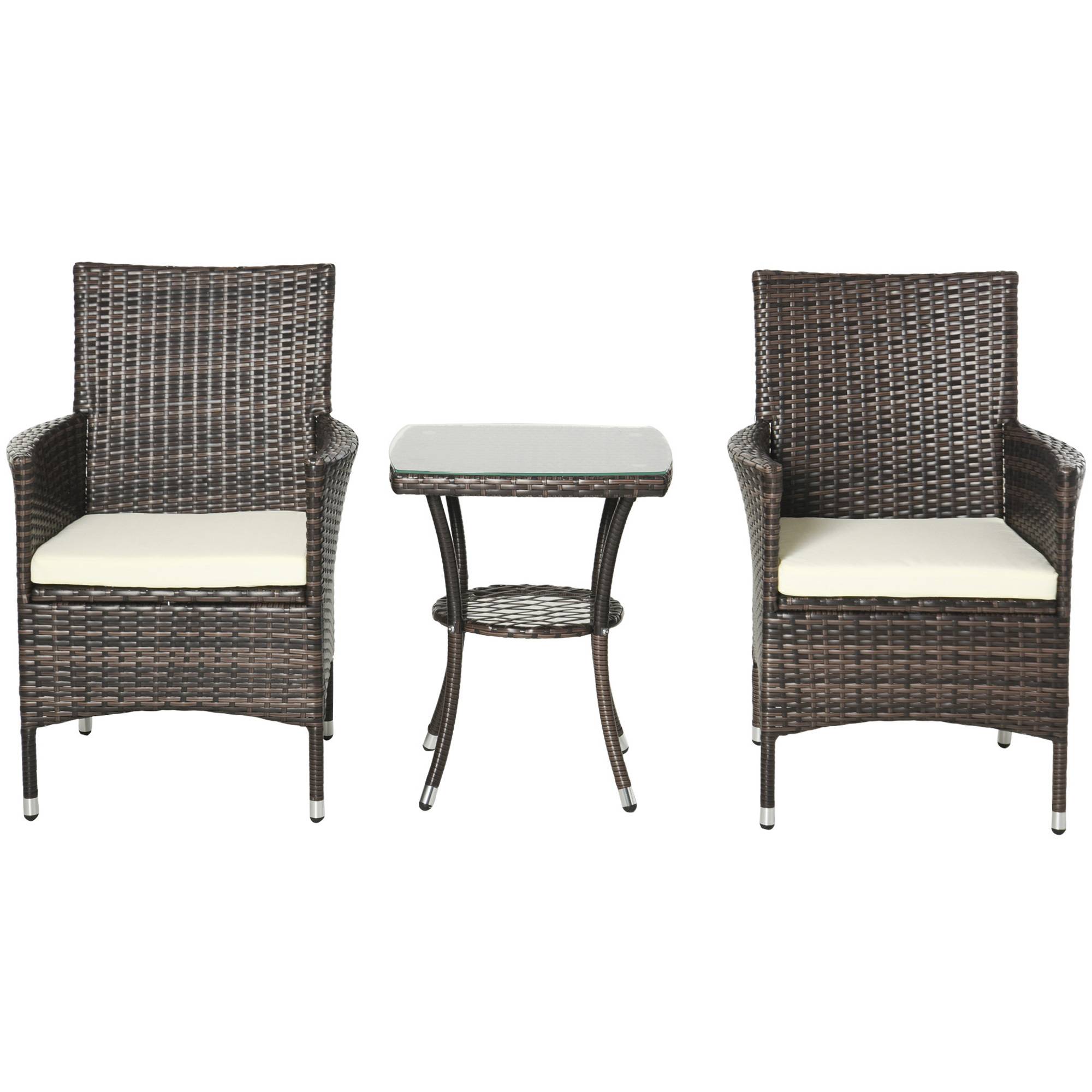 Outsunny - Ensemble salon de jardin 2 places 2 fauteuils table basse plateau verre trempé résine tressée imitation rotin chocolat foncé coussins blanc - Outsunny - Image 1