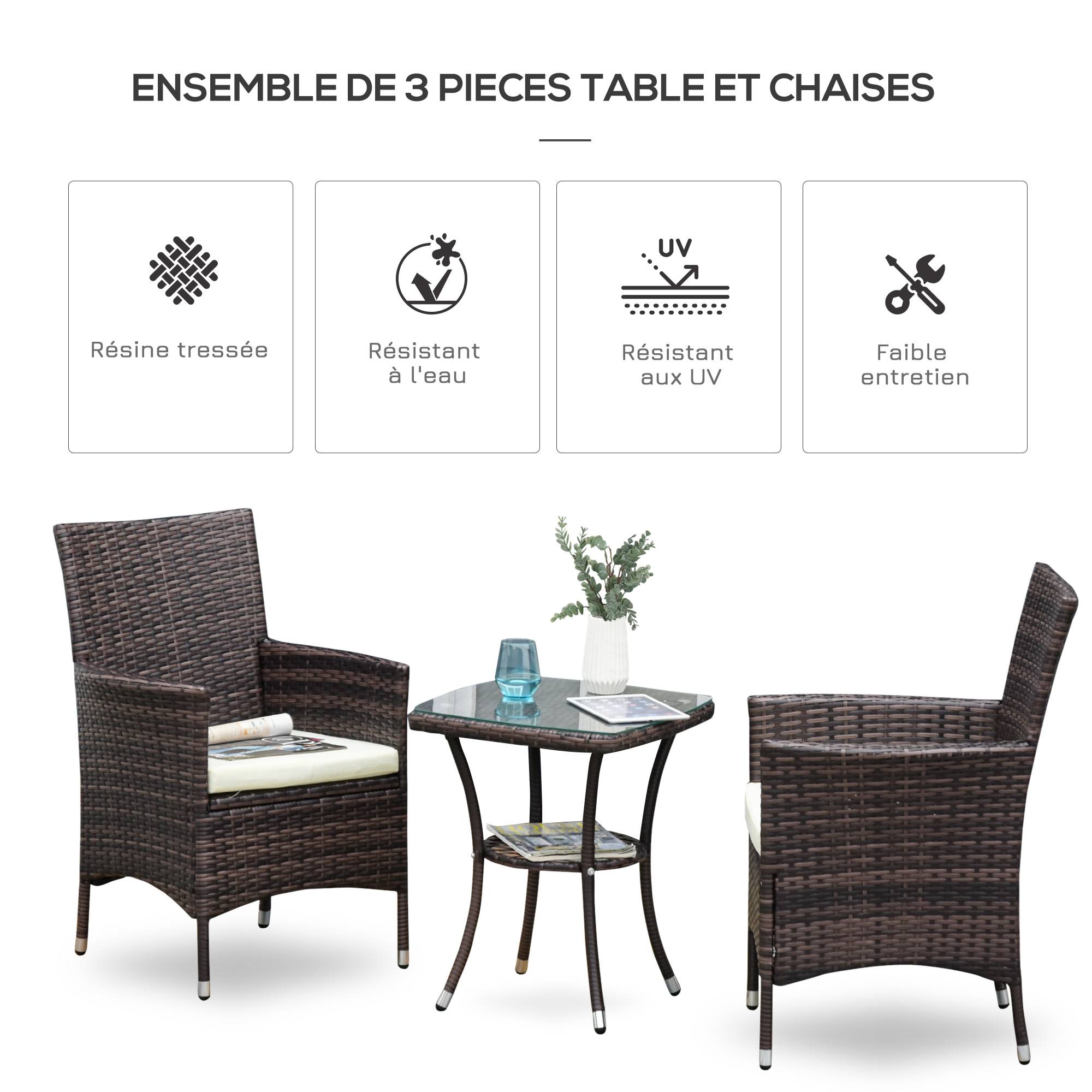 Outsunny - Ensemble salon de jardin 2 places 2 fauteuils table basse plateau verre trempé résine tressée imitation rotin chocolat foncé coussins blanc - Outsunny - Image 4