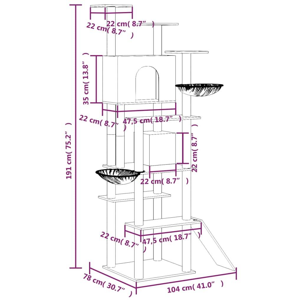 Arbre à chat XXL multi-niveaux avec échelle niches et paniers Gris 191 cm – ComfortXL Pet Living - Image 7