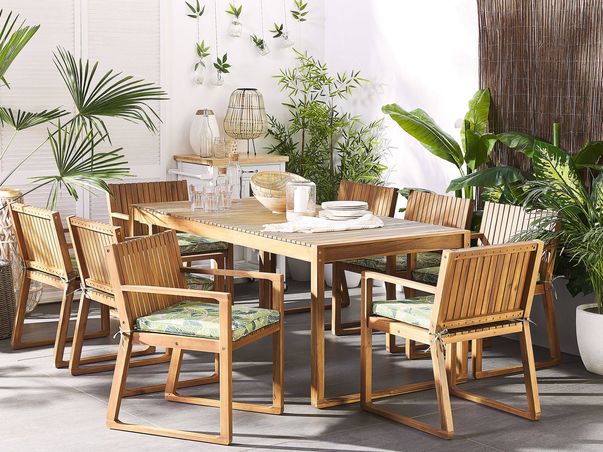 Beliani - Ensemble de Jardin composé d'une Table 180 x 90 cm et de 8 Chaises en Bois d'Accacia avec Coussins d'Assise Verts motif Feuilles Beliani - Image 2