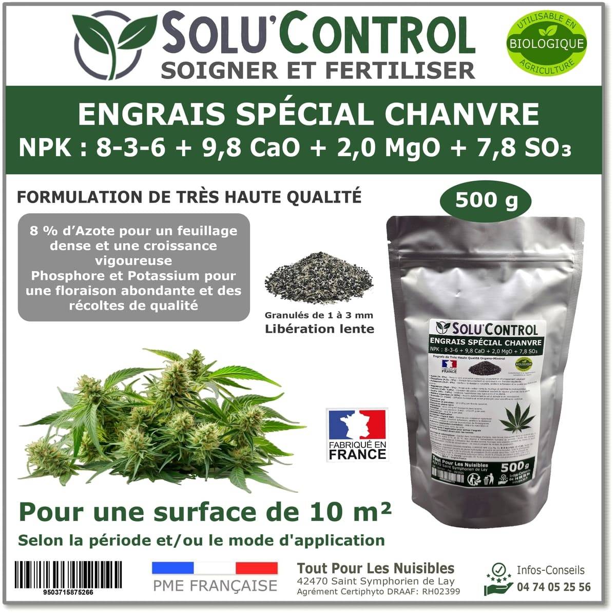 Tout pour les nuisibles - SOLU’CONTROL - 500 g - Engrais Spécial Chanvre  NPK 8-3-6 - Stimule une croissance vigoureuse et un développement harmonieux du chanvre - UAB - Image 1